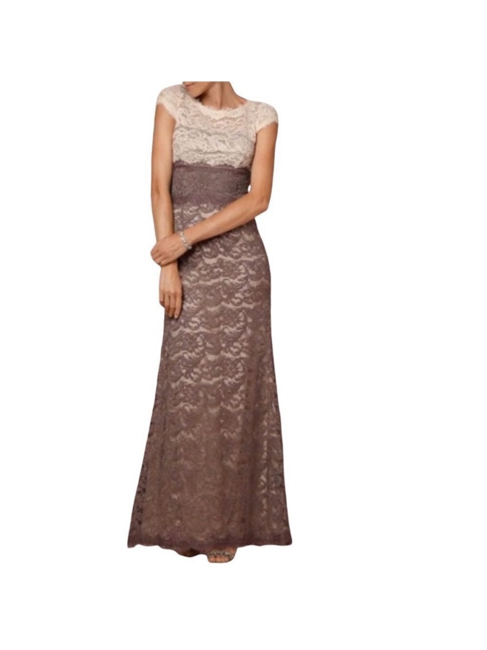 Adrianna Papell Taupe and Cream Lace Cap-Sleeve Evening Gown